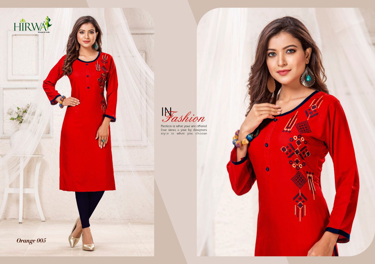 Hirwa Orange 2 Heavy Rayon Straight Cut Kurti